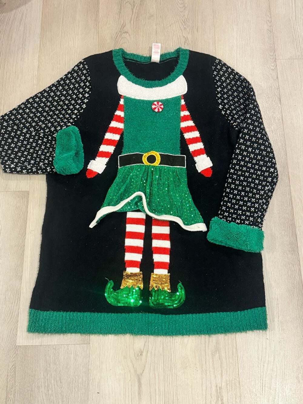 Holiday Time Elf Ugly Christmas Sweater Size 1X 16W/18W Black Sequin